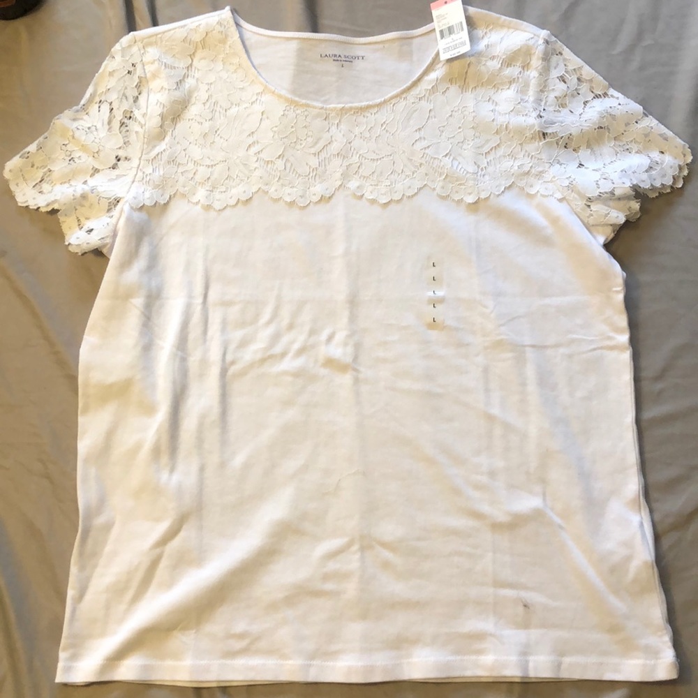 Laura Scott White Lace Top Tee Large